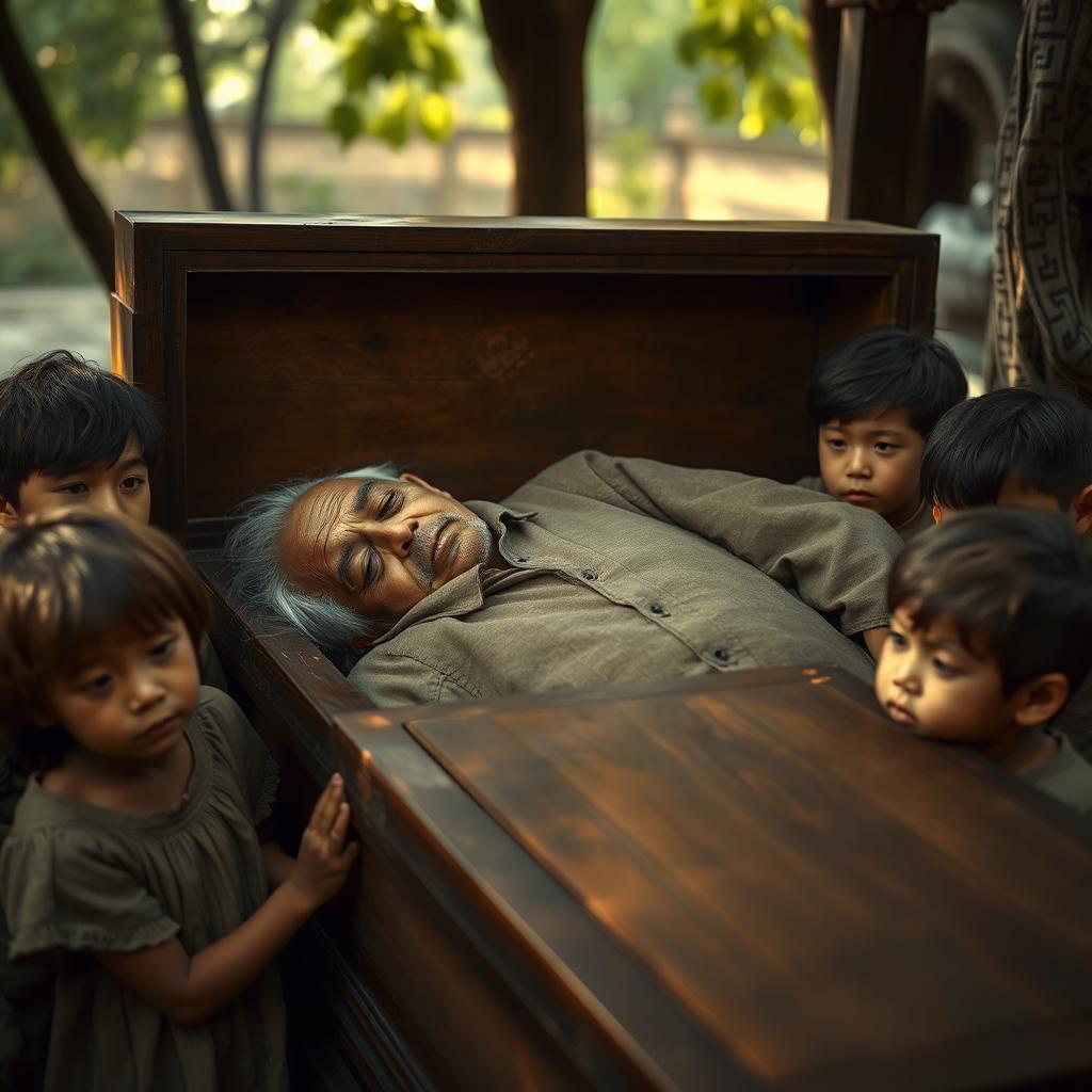 A somber scene depicting an old man peacefully resting in his antique wooden coffin, surrounded by a group of children with innocent expressions