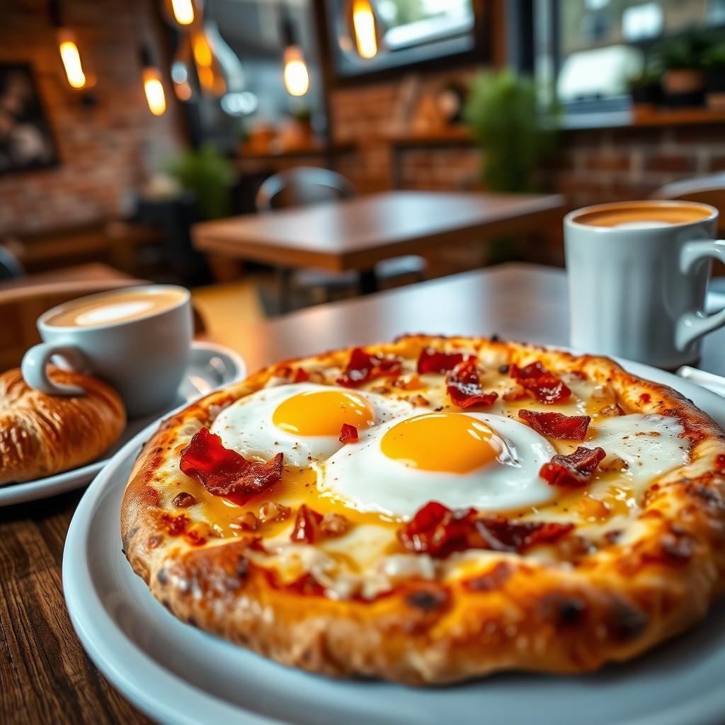 A delicious breakfast-style pizza topped with sunny-side-up eggs, crispy bacon bits, and caramelized onions, all melting into gooey cheese, elegantly presented on a white ceramic dish