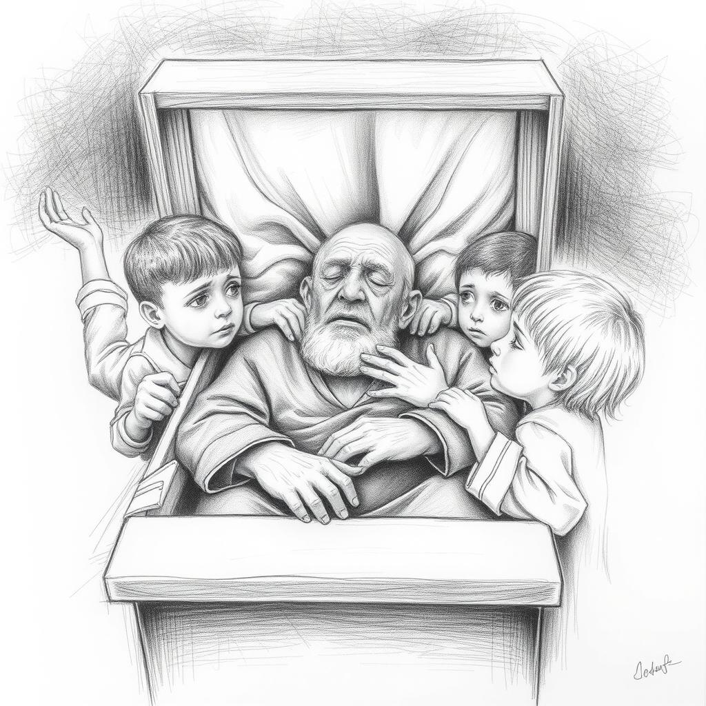 A black and white pencil drawing depicting an old man in a coffin, surrounded by children who are crying
