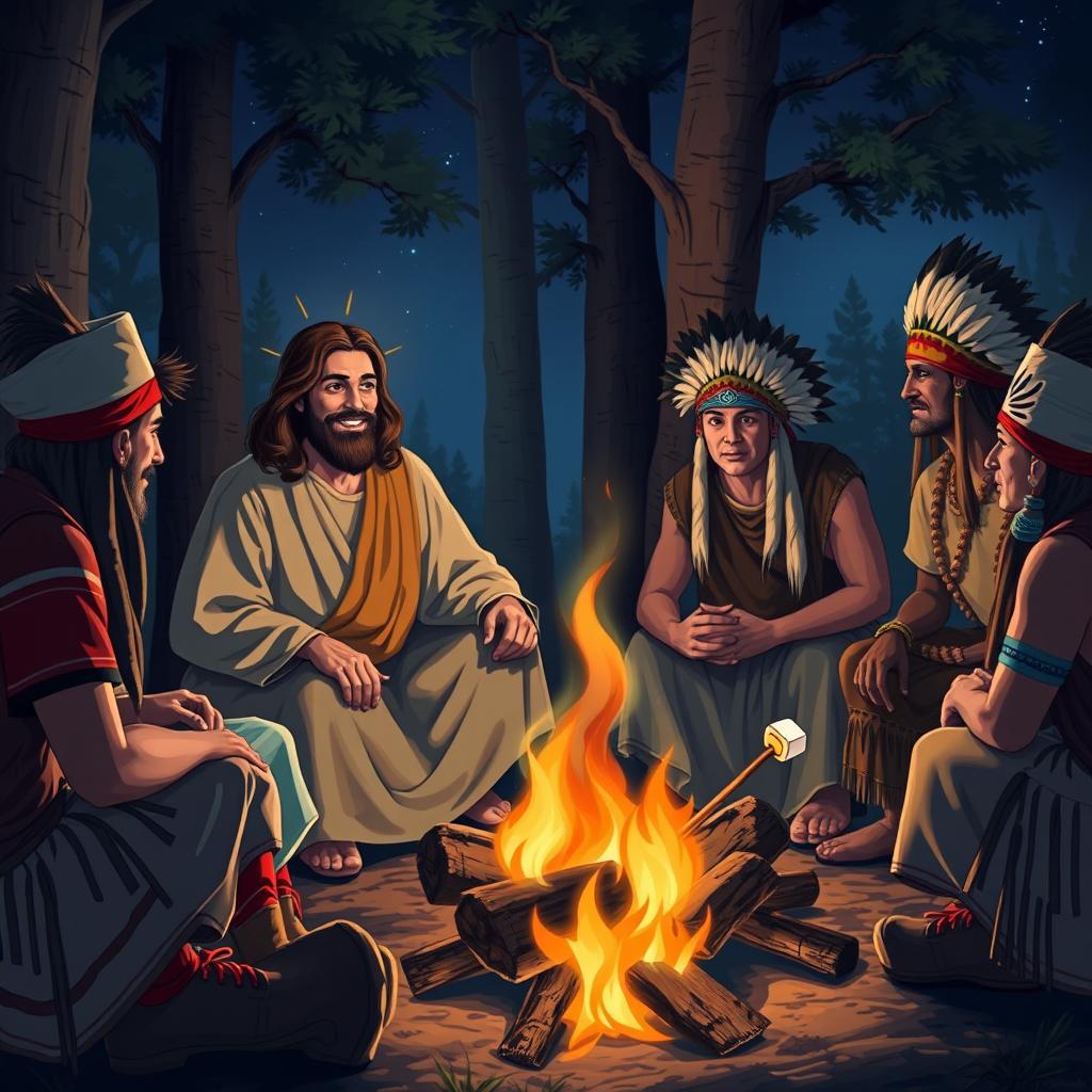 A serene scene depicting Jesus sitting around a campfire with a group of scouts and chiefs