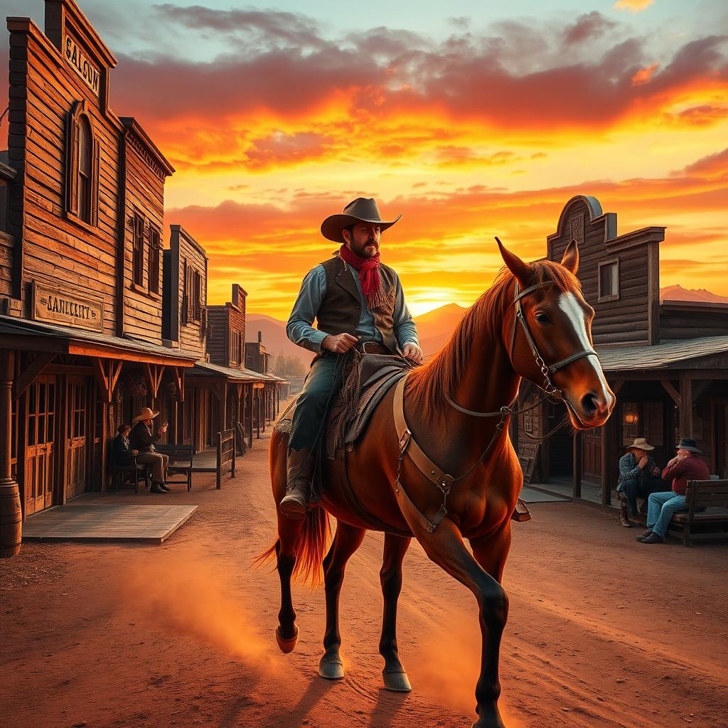 A vibrant scene set in a classic Western town during sunset