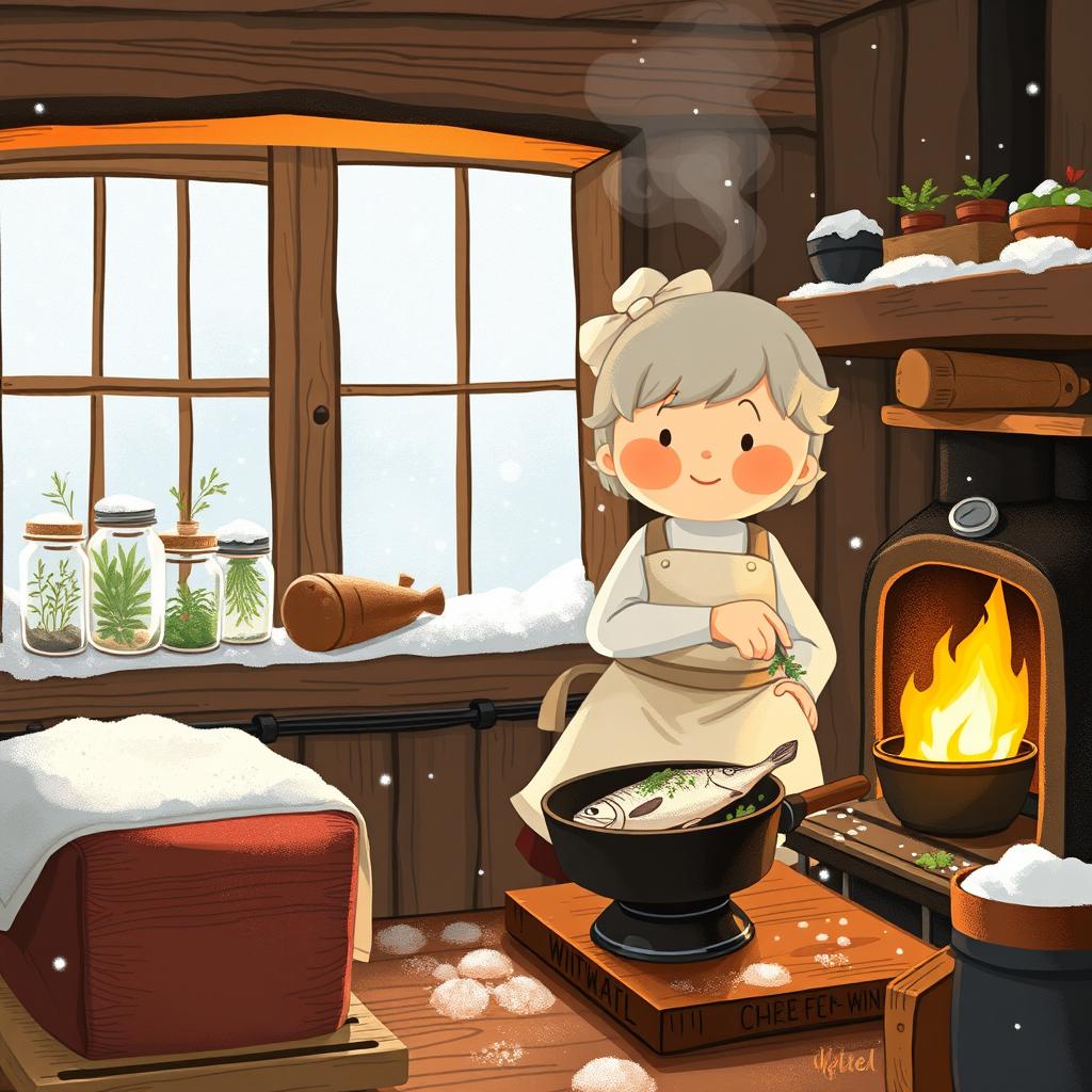 A cozy winter kitchen scene featuring a character named Snowball who is preparing a meal