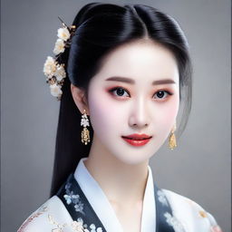 A beautiful Chinese girl with delicate features, almond-shaped dark eyes, and silky black hair tied in a traditional style.