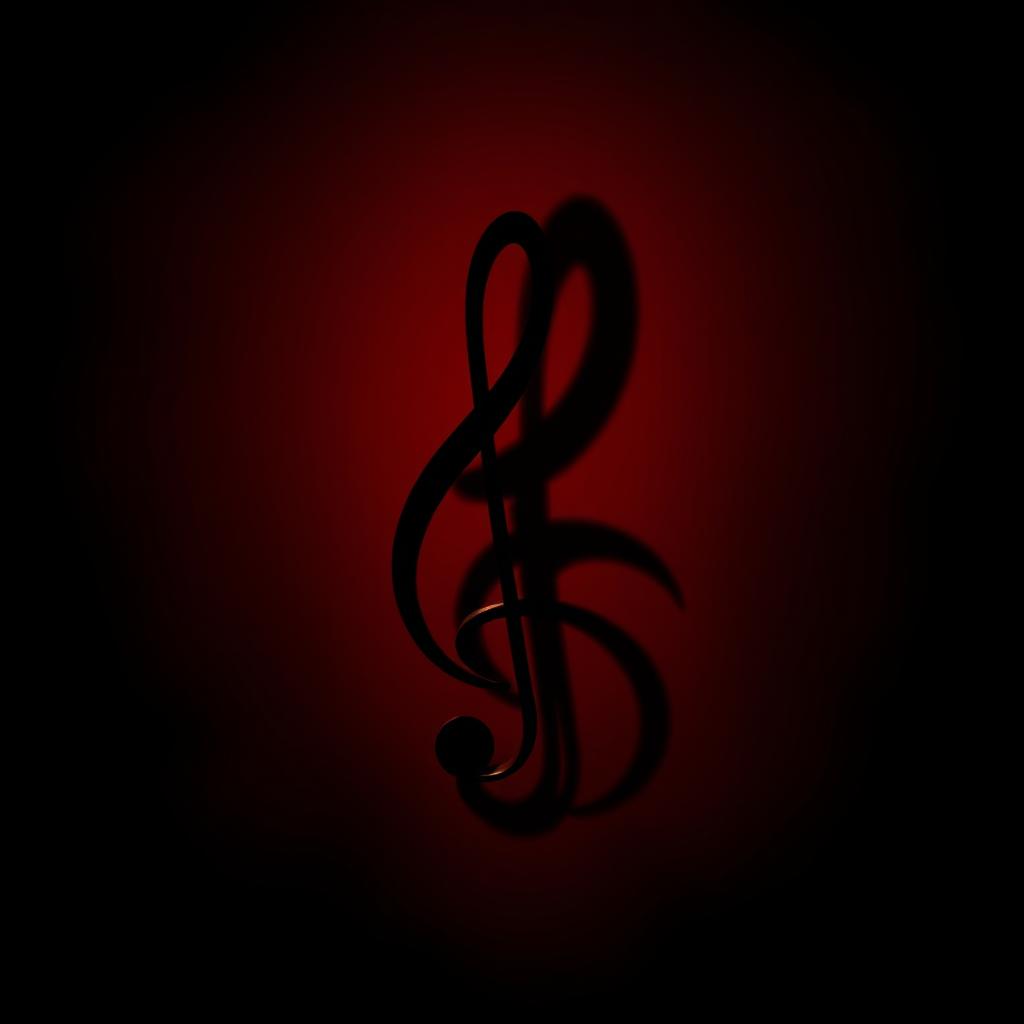 A dramatic and artistic depiction of a bass clef casting a shadow, set against a background of deep dark red and black