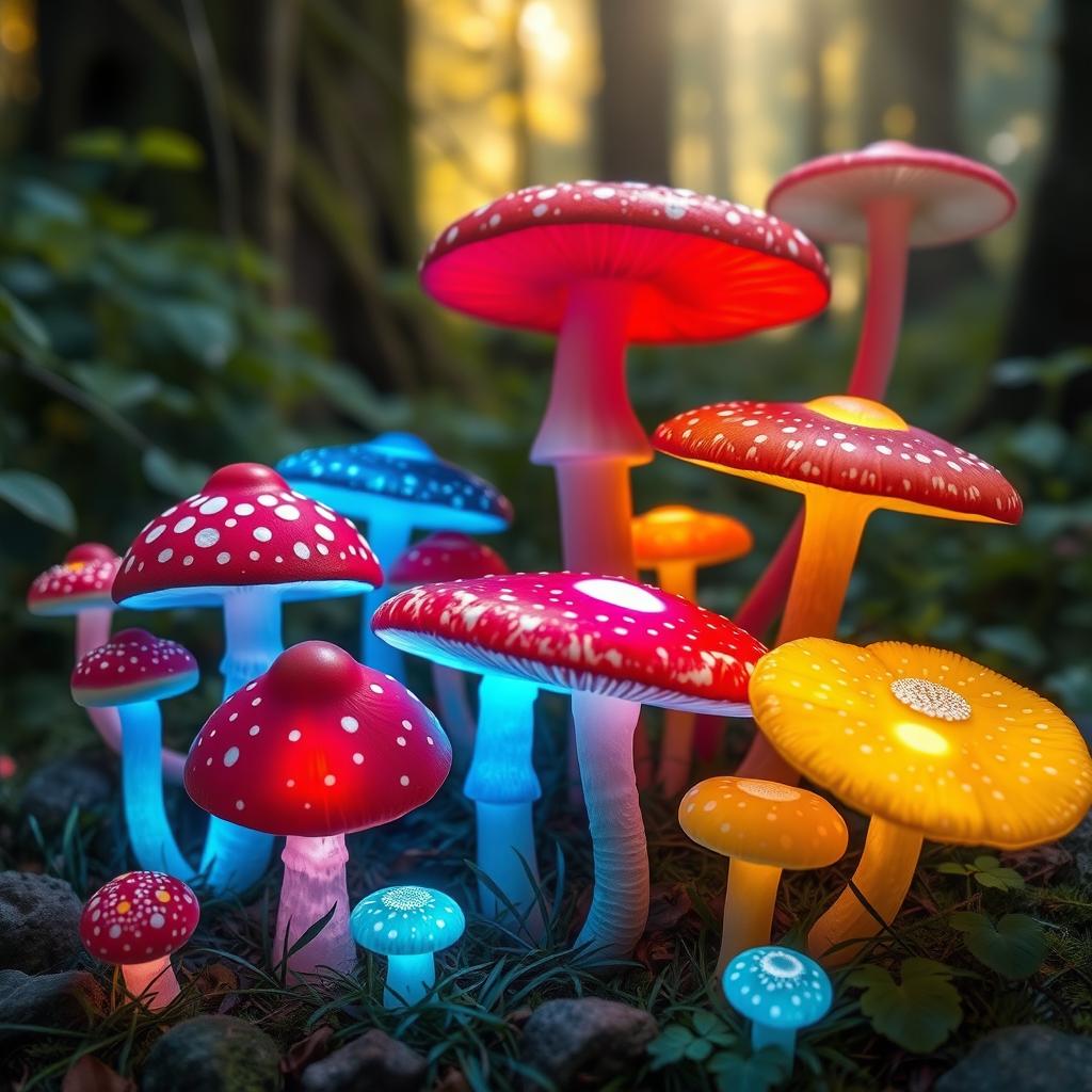 A vibrant assortment of magical mushrooms in bright, eye-catching colors, including deep reds, luminous blues, and radiant yellows