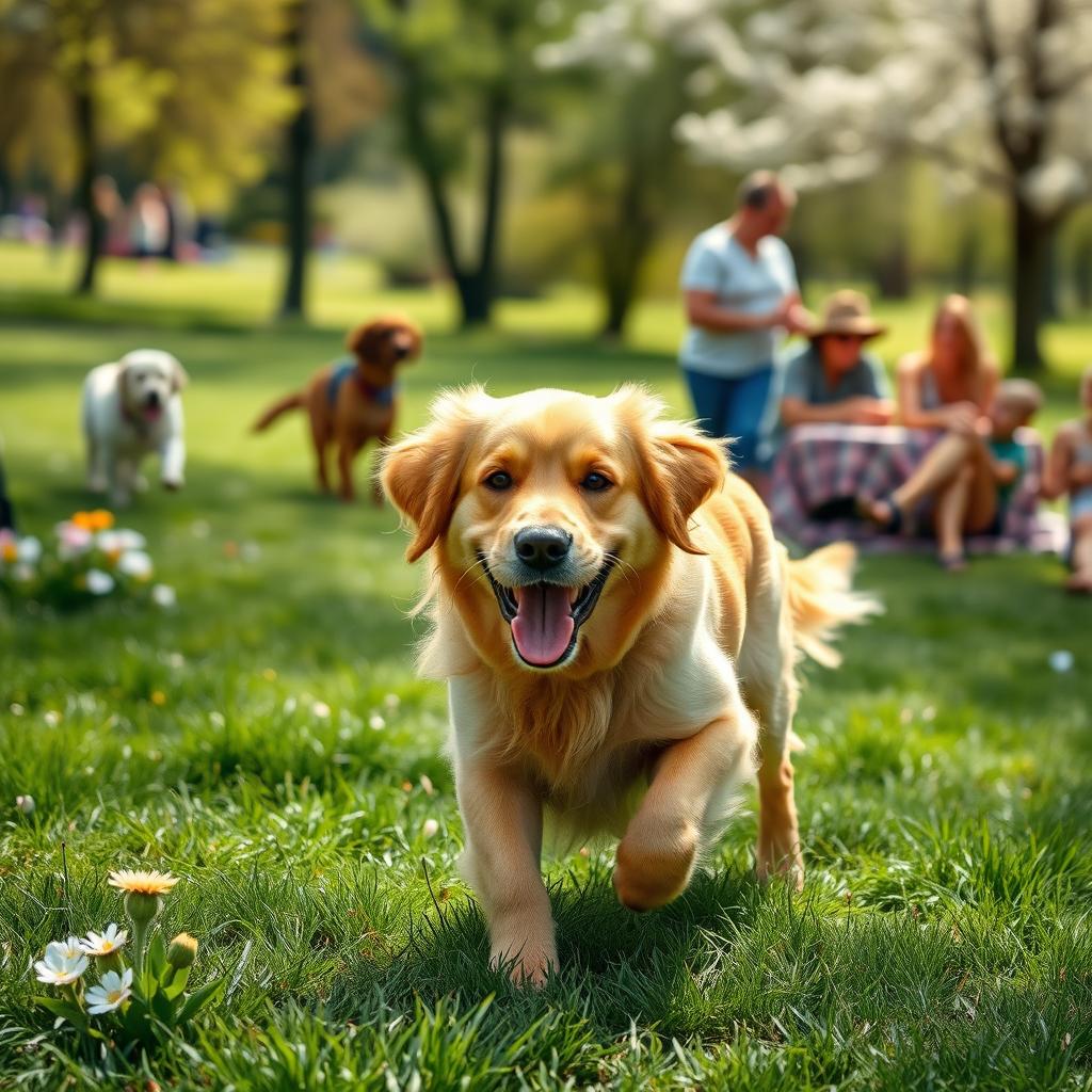 A happy golden retriever playing in a sunny park, with lush green grass and blooming flowers around