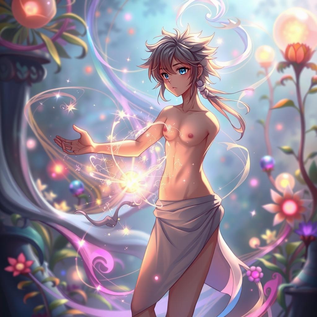 A male character magically transforming into a female, showcasing the gradual changes in appearance such as hair lengthening, facial features softening, and body shape shifting