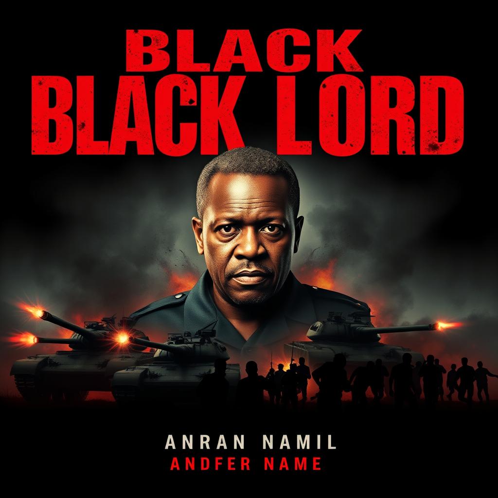 A striking book cover design for 'Black Lord', showcasing a powerful central photo of an African dictator with an intense expression, exuding authority and menace