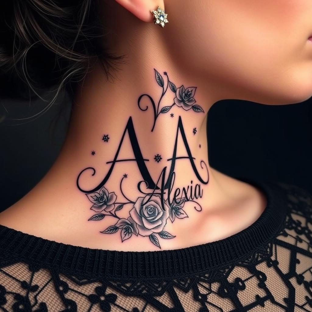 A beautifully crafted neck tattoo design that artistically merges the names "Ainhoa" and "Alexia"