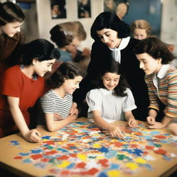 A young Coco Chanel and Edith Piaf, surrounded by cheerful children, put together a colourful jigsaw puzzle in a warm, comfortable room.