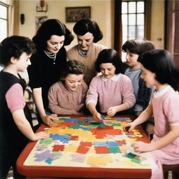 A young Coco Chanel and Edith Piaf, surrounded by cheerful children, put together a colourful jigsaw puzzle in a warm, comfortable room.