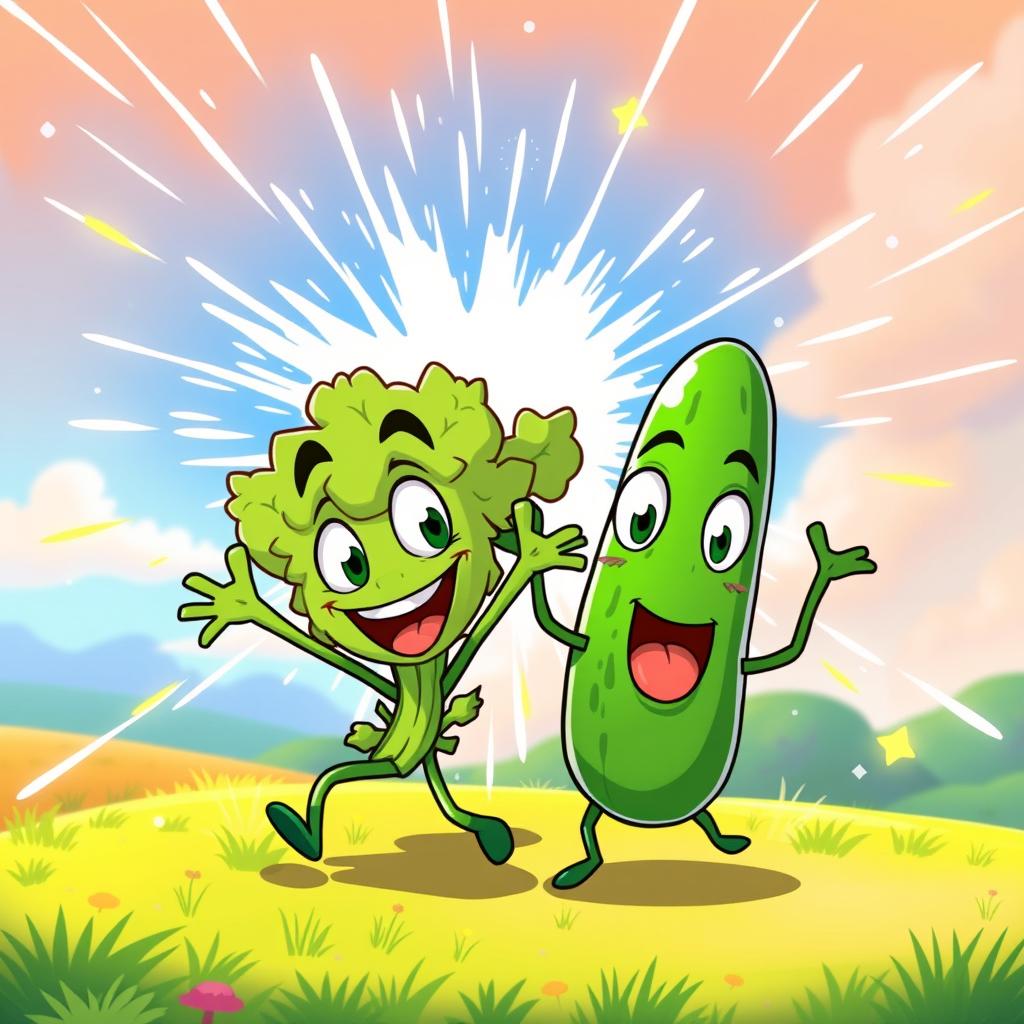 A lively and fun scene depicting a cartoon-style cilantro and cucumber character energetically launching a Kamehameha wave