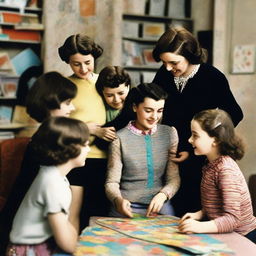 A young Coco Chanel and Edith Piaf, surrounded by cheerful children, put together a colourful jigsaw puzzle in a warm, comfortable room.