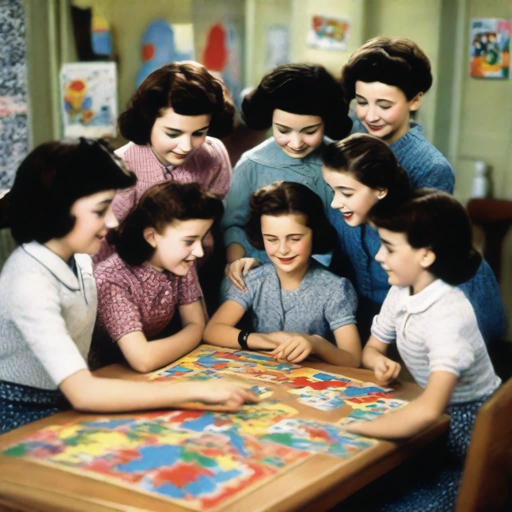 A young Coco Chanel and Edith Piaf, surrounded by cheerful children, put together a colourful jigsaw puzzle in a warm, comfortable room.