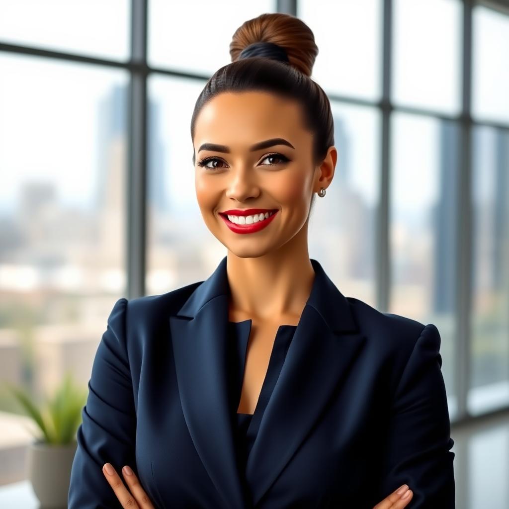 A professional headshot of an elegant woman in a tailored navy blue suit, with her hair up in a neat bun