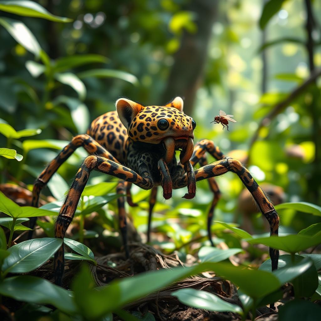 A unique creature that is a hybrid between a spider and a leopard, showcasing the sleek feline body covered in vibrant leopard spots, while incorporating intricate spider features such as multiple long legs and large, delicate spider fangs