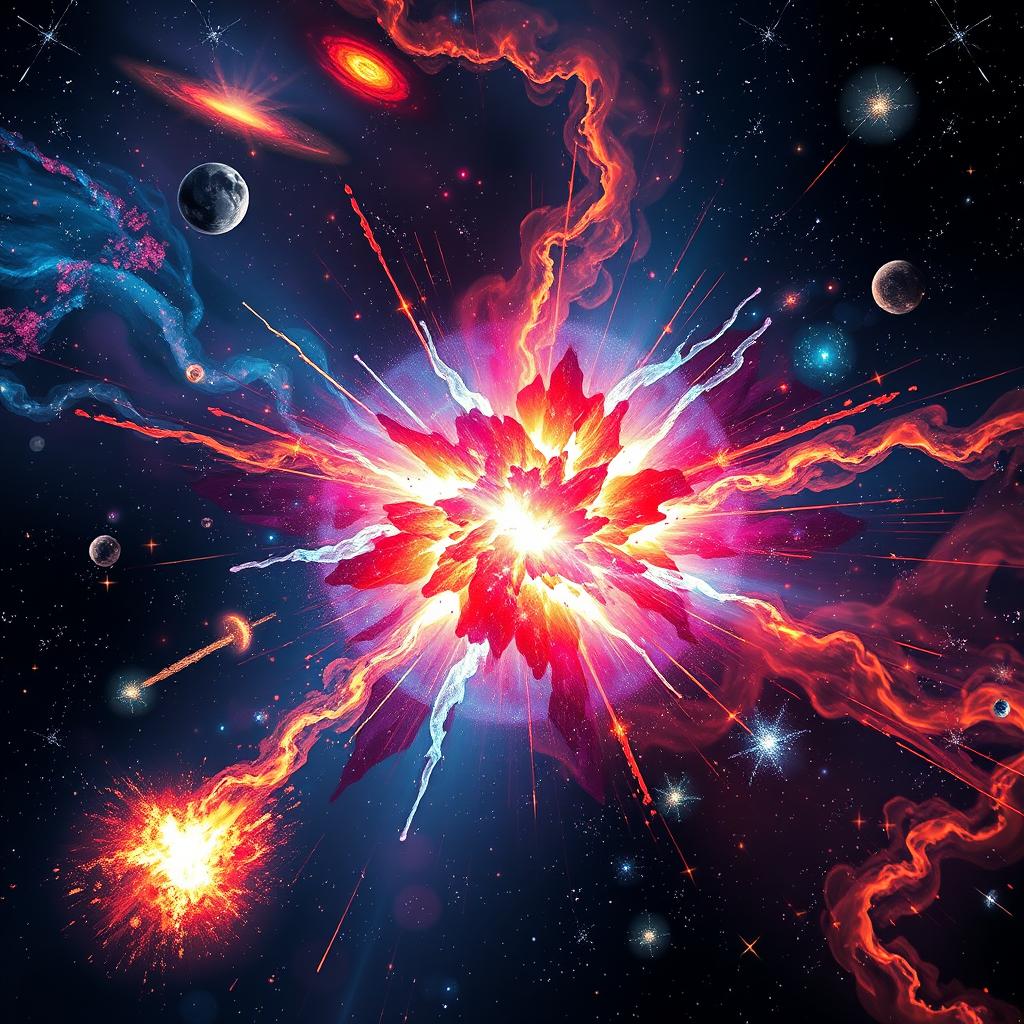 An exciting and vibrant scene capturing the essence of a big bang event in the universe, with bursts of bright colors like deep blues, fiery reds, and radiant yellows
