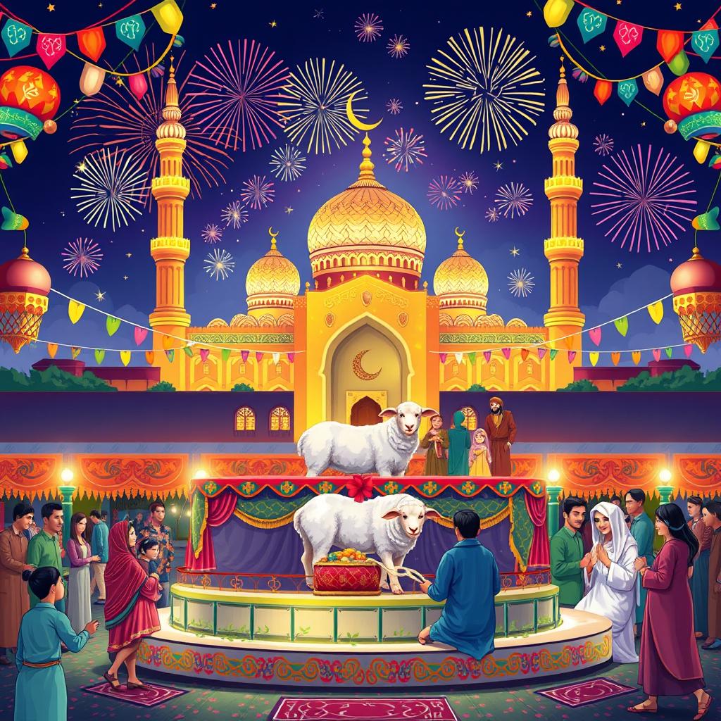 A beautifully detailed illustration combining the themes of Eid Ghadeer and Eid Qurban
