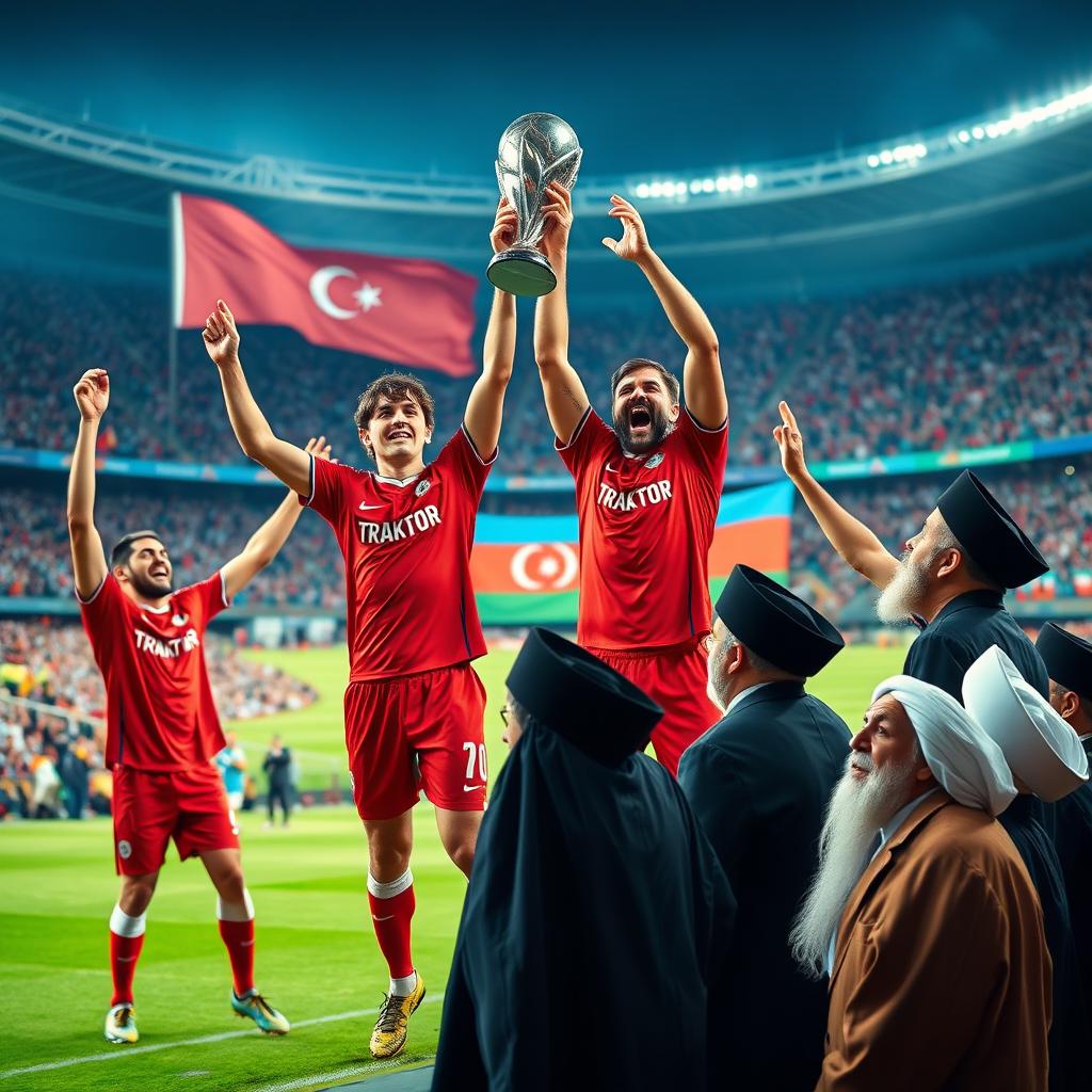 A vibrant scene set in a grand stadium, showcasing soccer players in striking red uniforms with the word 'TRAKTOR' emblazoned across their chests, joyfully lifting a trophy in celebration