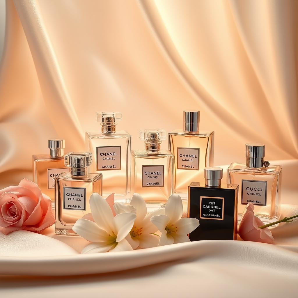 An elegant and enticing promotional image showcasing a luxurious collection of world-renowned designer perfumes
