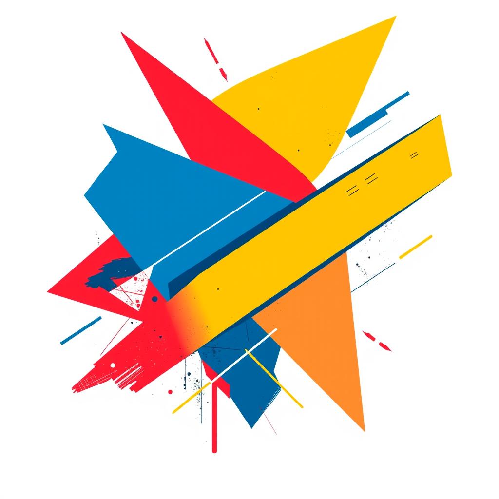 A stylish and trendy graphic design for a t-shirt featuring abstract geometric shapes in vibrant colors like red, blue, and yellow