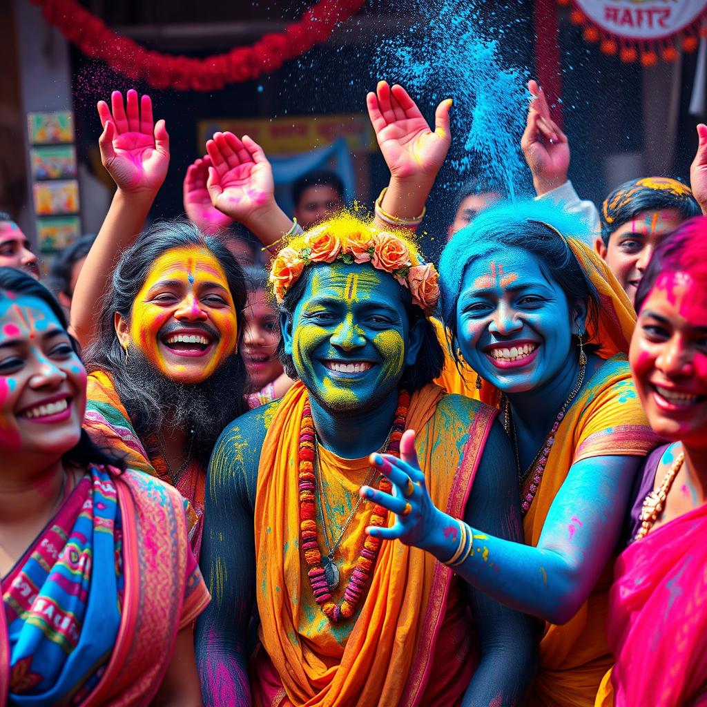 A group of joyful people drenched in vibrant blue-black Krishna color, celebrating with genuine smiles and playful water splashes