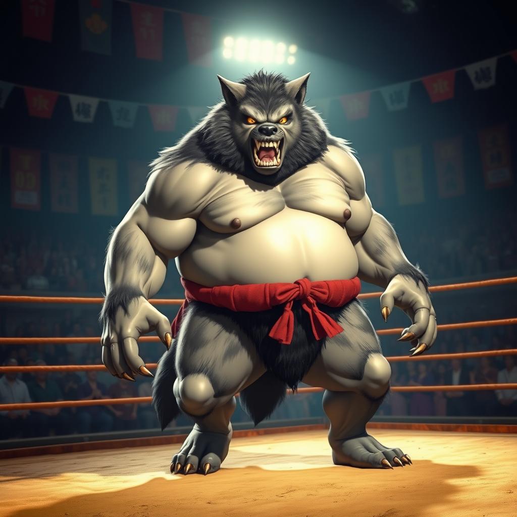 A fierce werewolf sumo wrestler, showcasing powerful muscles and an imposing stature, standing in a traditional sumo wrestling ring with a sandy floor