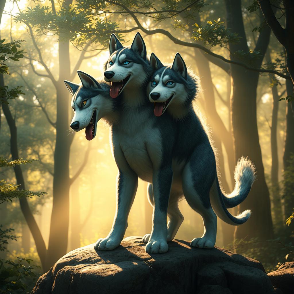 A fantastical creature that is a combination of a hydra and a husky dog