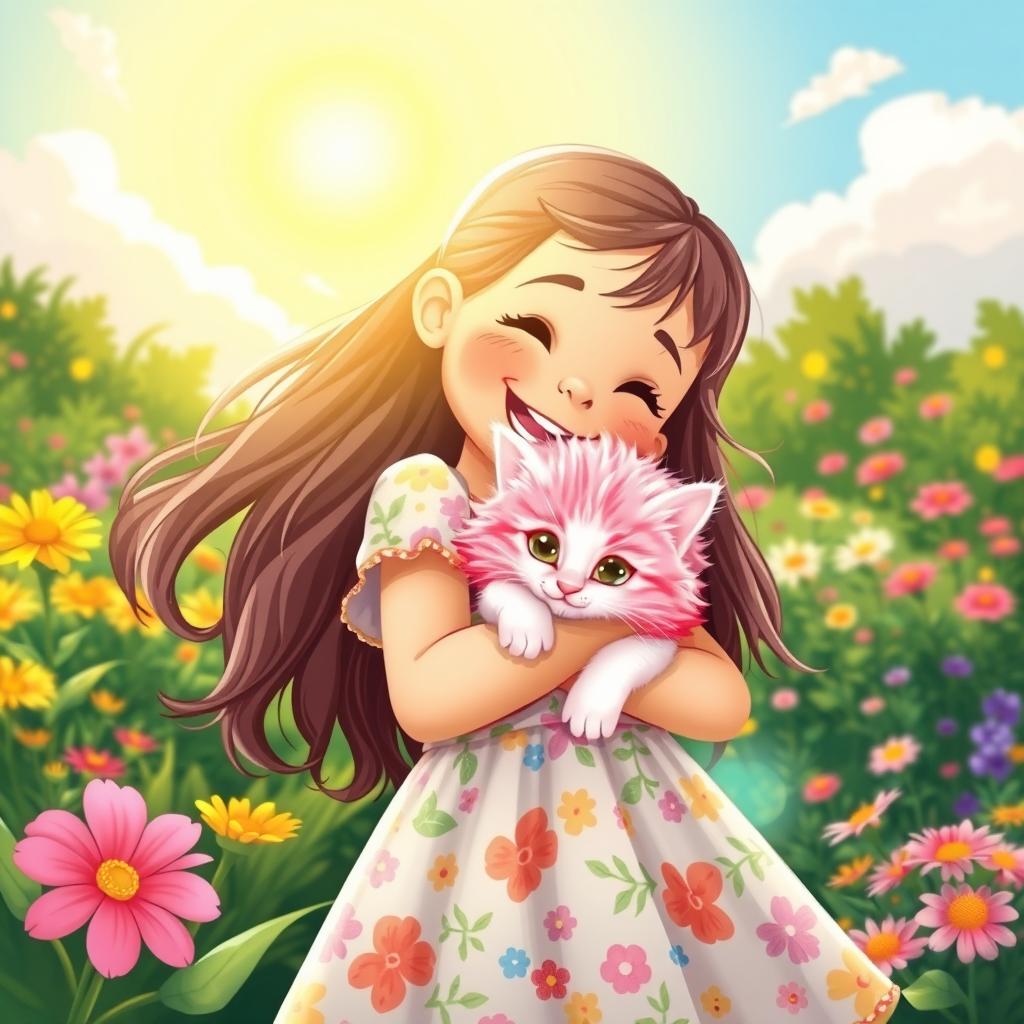 A cheerful young girl with long, flowing hair, playfully cuddling a fluffy pink kitten