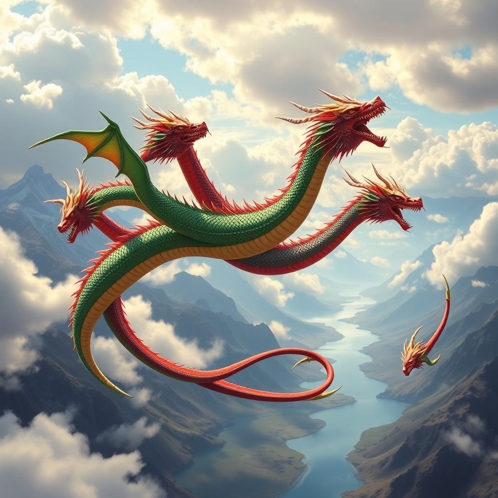 A majestic, long-necked multi-headed hydra dragon soaring through a vibrant sky