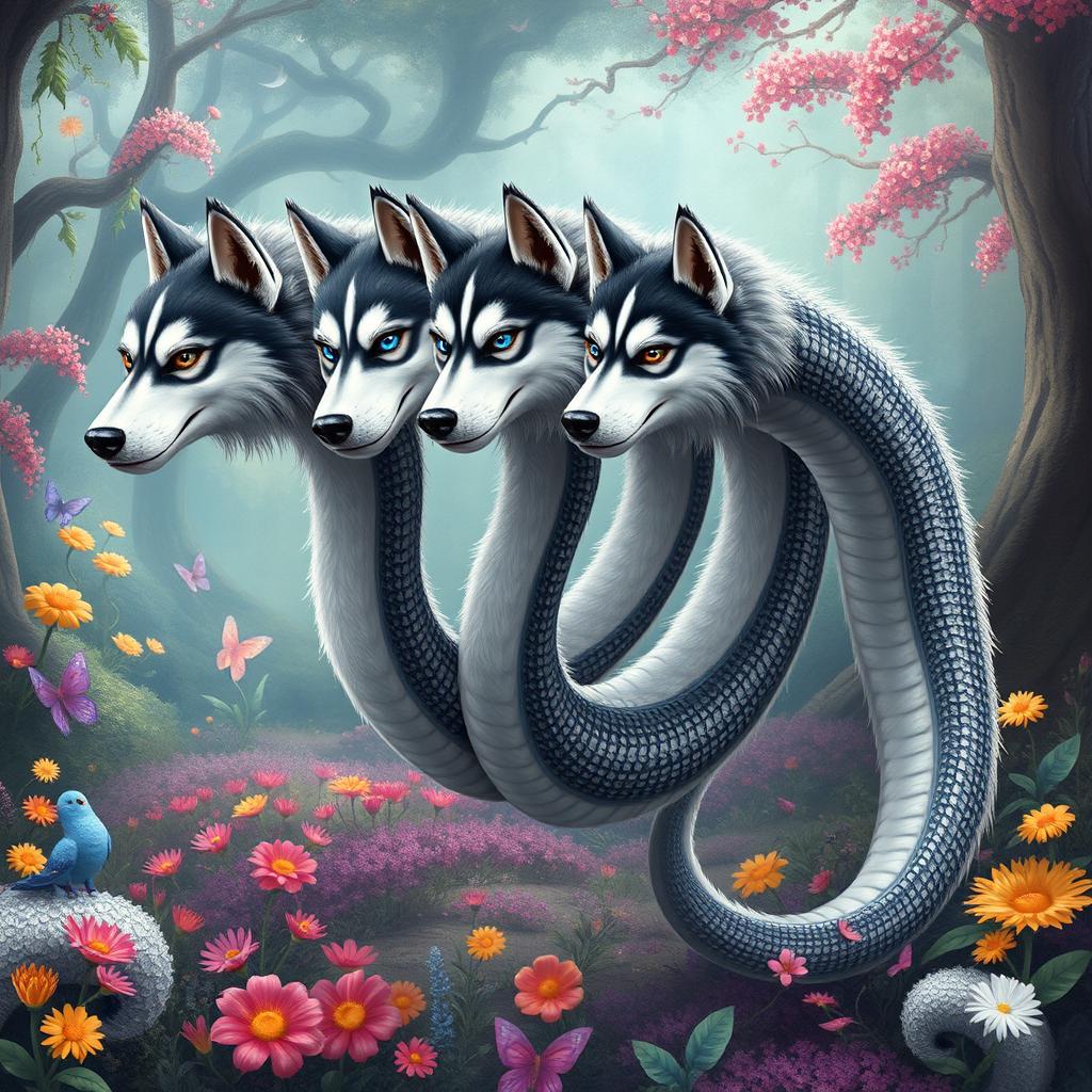 A fantastical long-necked multi-headed hydra dragon with the heads resembling fluffy Siberian Huskies, complete with their characteristic blue and brown eyes, playful expressions, and thick, luxurious fur
