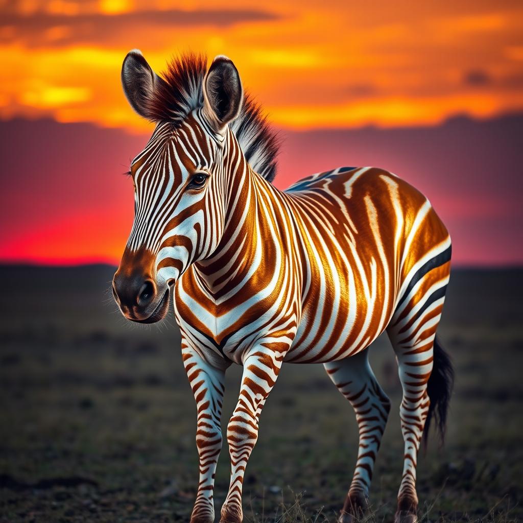 A majestic zebra exhibiting dazzling golden fur with striking silver stripes, standing gracefully in an open savanna