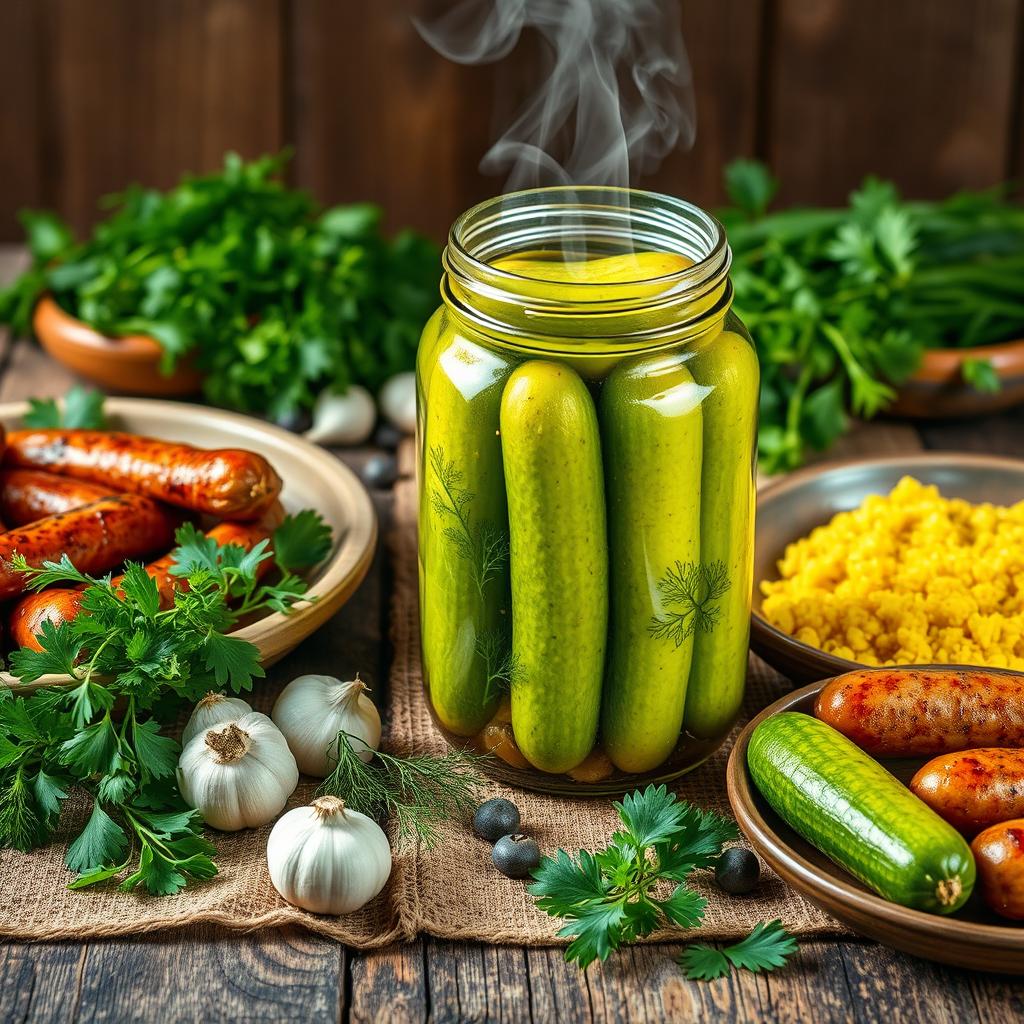 A vibrant still life of a jar of pickled cucumbers, known as 'castravete murat', displayed on a rustic wooden table