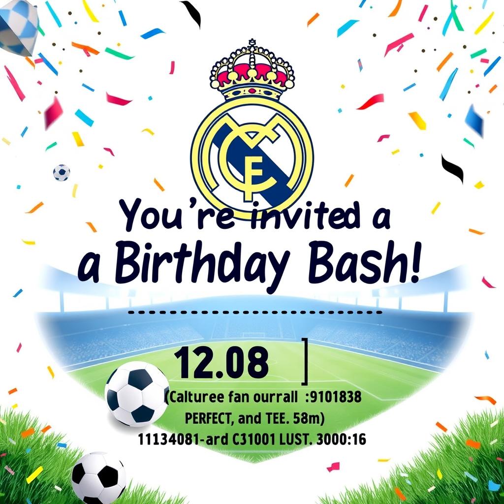 A vibrant and exciting birthday invitation design themed around Real Madrid, featuring the iconic club logo prominently at the top