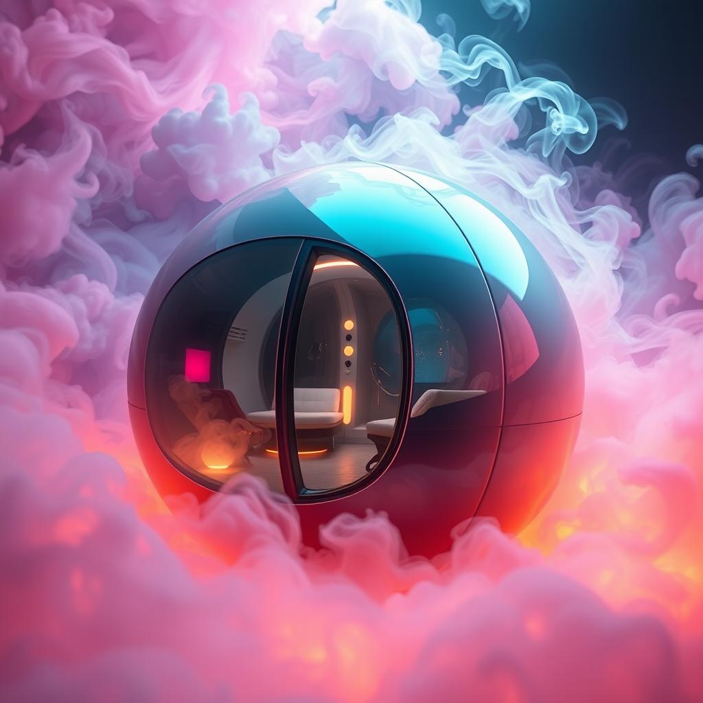 A futuristic sphere cabin surrounded by an ethereal atmosphere, with wispy smoke billowing out from its surface