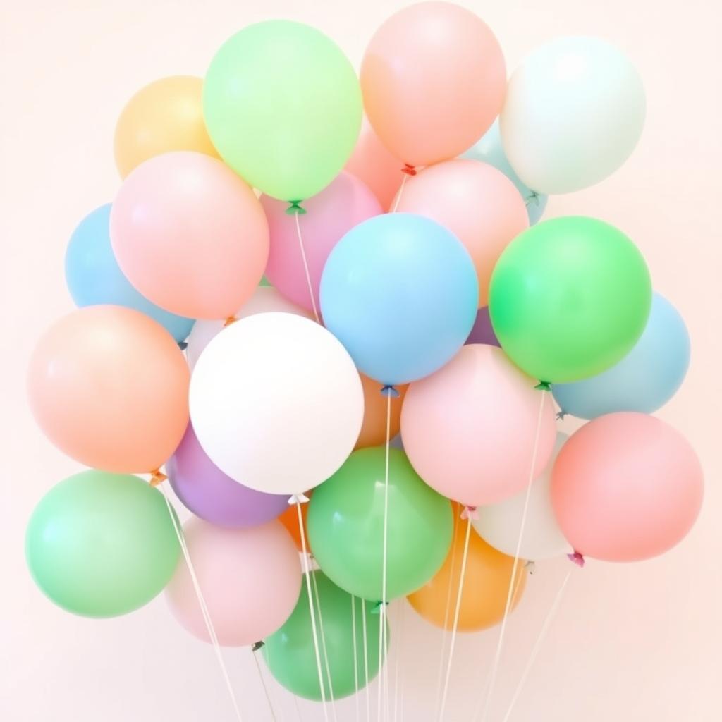 A vibrant balloon arrangement featuring an assortment of colors: green, light blue, light pink, white, peach, and purple balloons