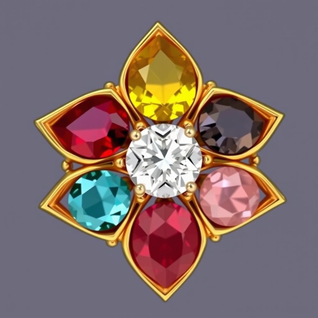 An intricate piece of jewelry designed in the shape of a 4-pointed star, featuring a cloudy white diamond at the center