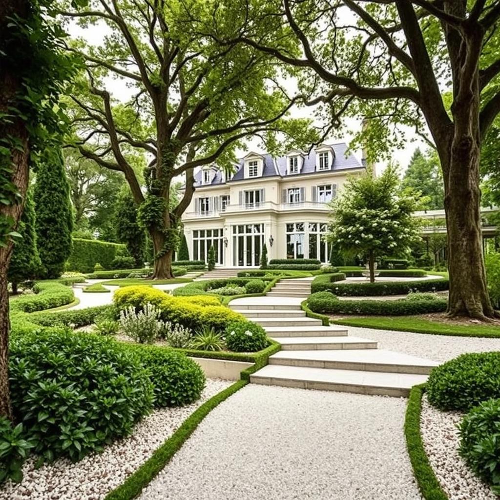 A luxurious house in France surrounded by a beautifully designed stepped garden featuring abundant greenery and a minimalist touch