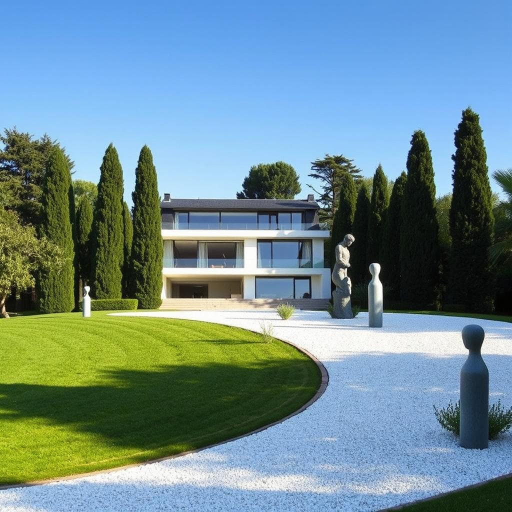 A stunning luxury house set in the picturesque countryside of France, featuring elegant modern architecture with large windows revealing an inviting interior