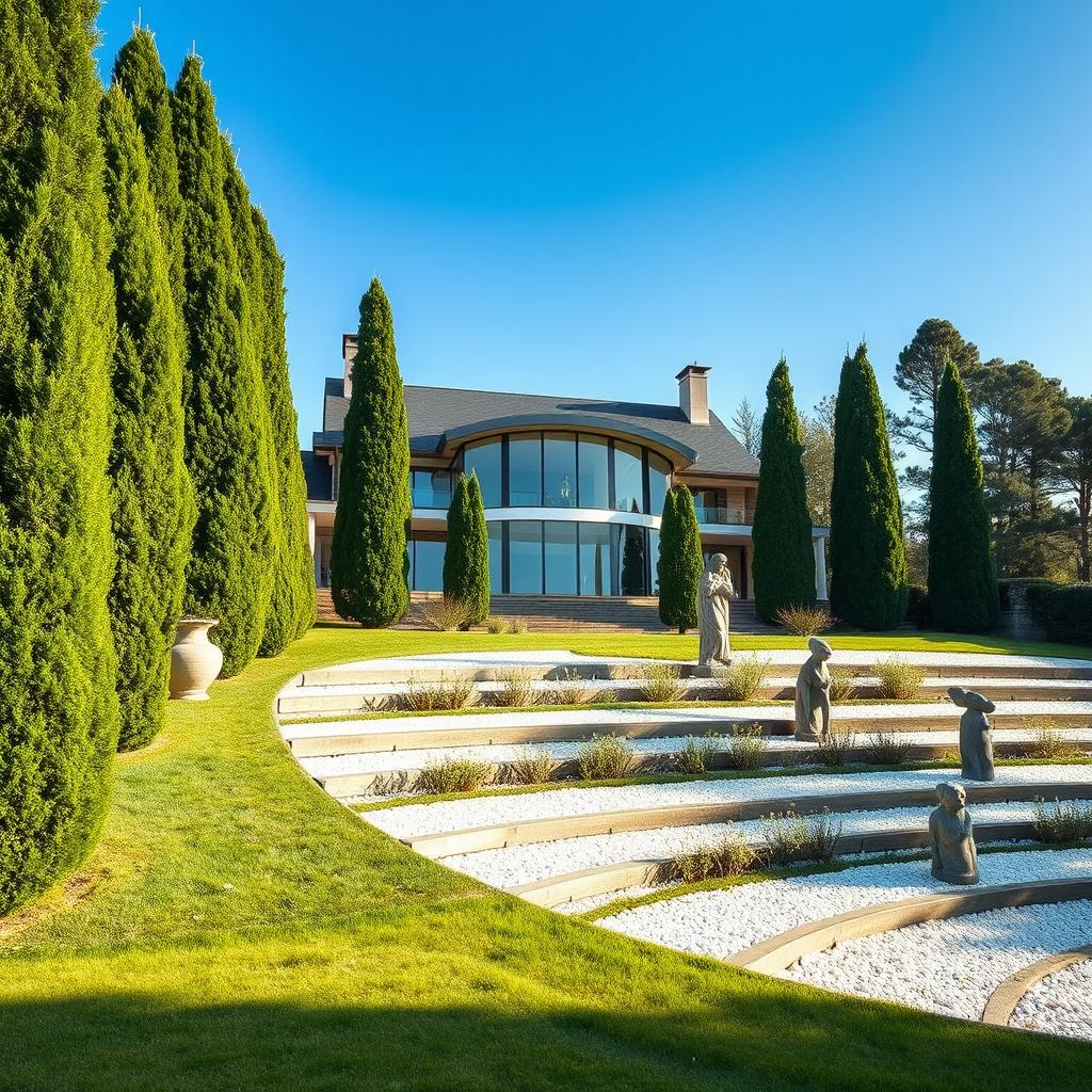 A luxurious house set in the enchanting countryside of France, showcasing exquisite modern architecture with large glass windows and sleek lines