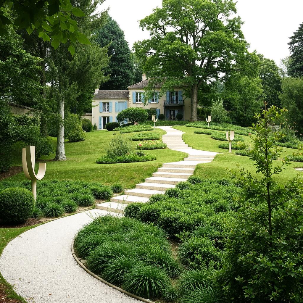 A classic but luxurious house in France, featuring a stepped garden designed with a white gravel path winding through it