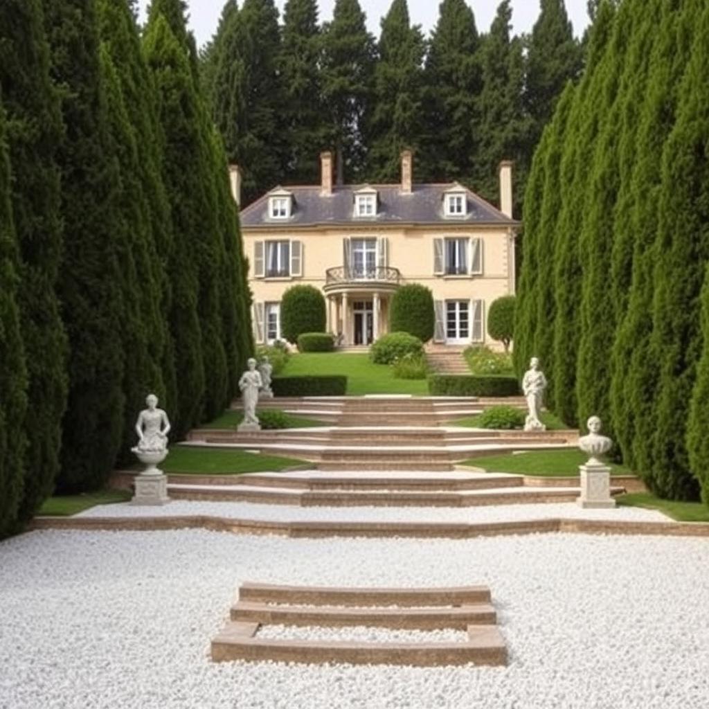 A classic but luxurious house in France, set against a backdrop of a beautifully designed stepped garden featuring a white gravel path