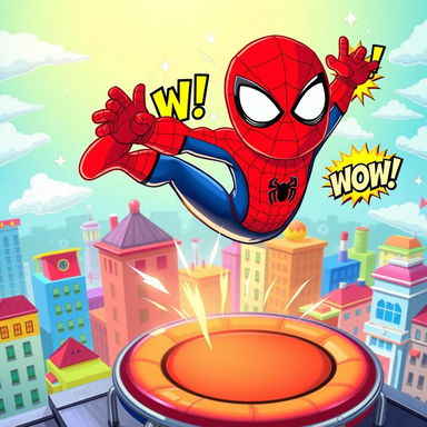 A realistic Spider-Man standing on a city rooftop suddenly spins into the air, transforming into a colorful cartoon version of himself with big expressive eyes and exaggerated features