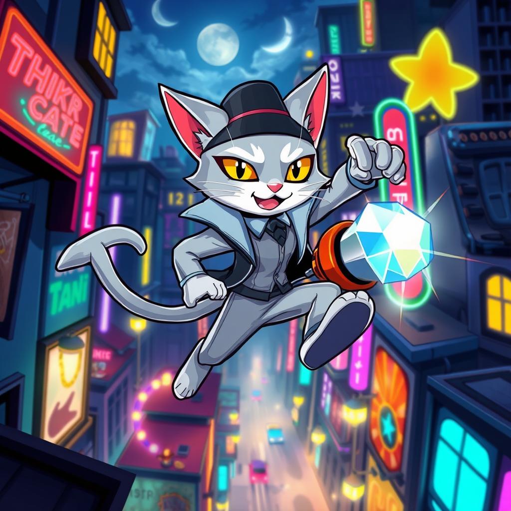 A dynamic and vibrant illustration inspired by the video game 'Silver Cat Phantom Thief'