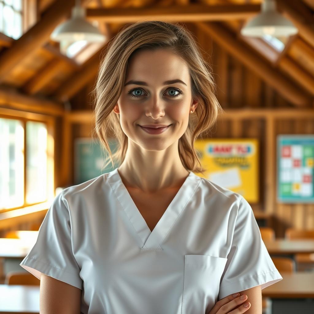 A 36-year-old woman with light brown hair and big round eyes, wearing white lab scrubs, standing confidently in front of a rustic students' cabin in a classroom setting