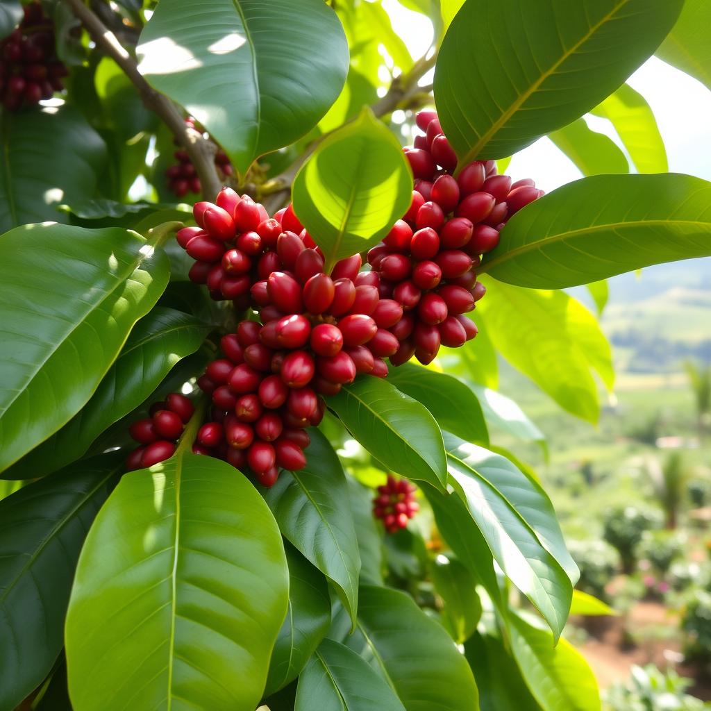 A lush, vibrant coffee plant filled with glossy green leaves and clusters of bright red coffee cherries ready for harvest
