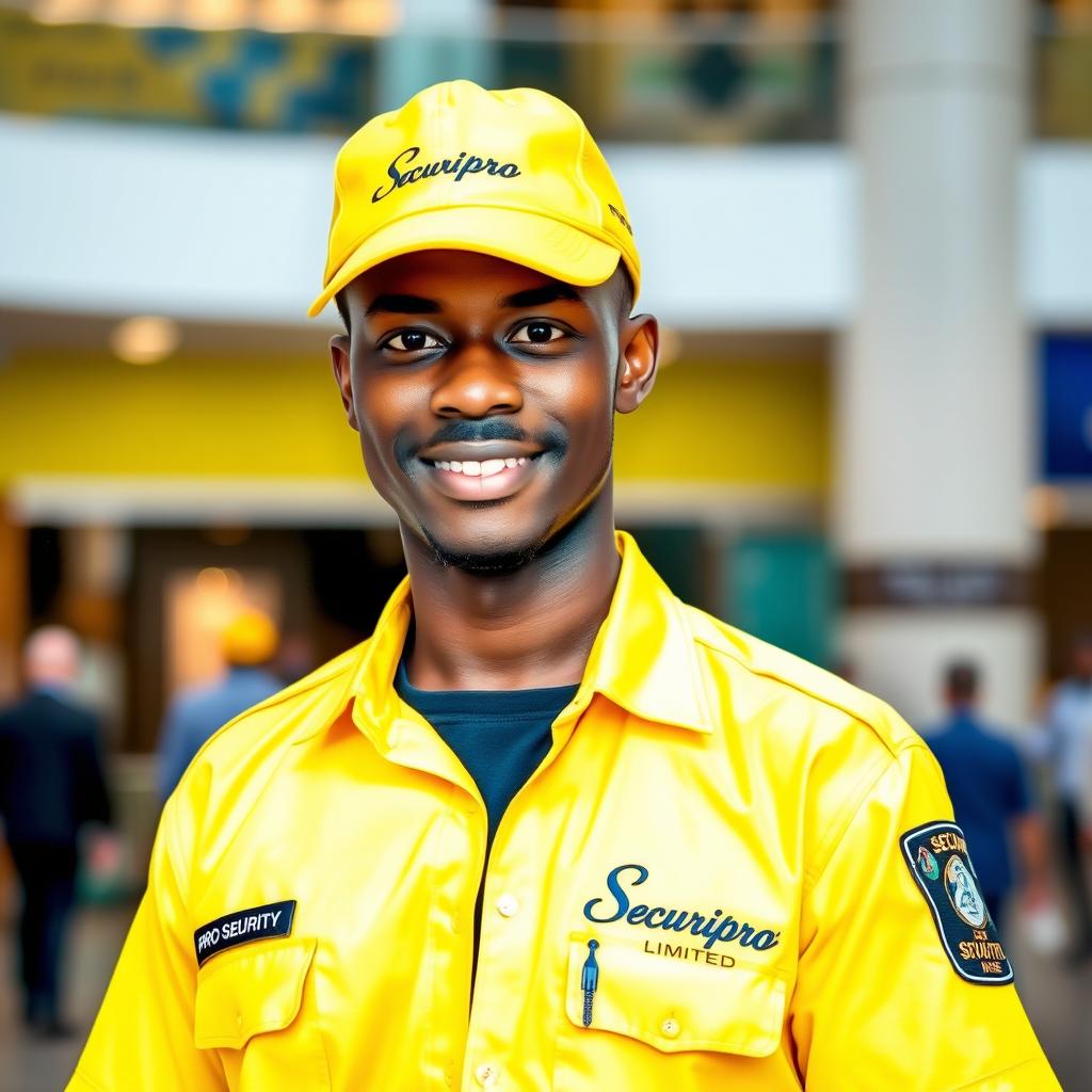 A slim black security officer wearing a bright yellow uniform shirt with 'Securipro Limited' elegantly printed above the right pocket