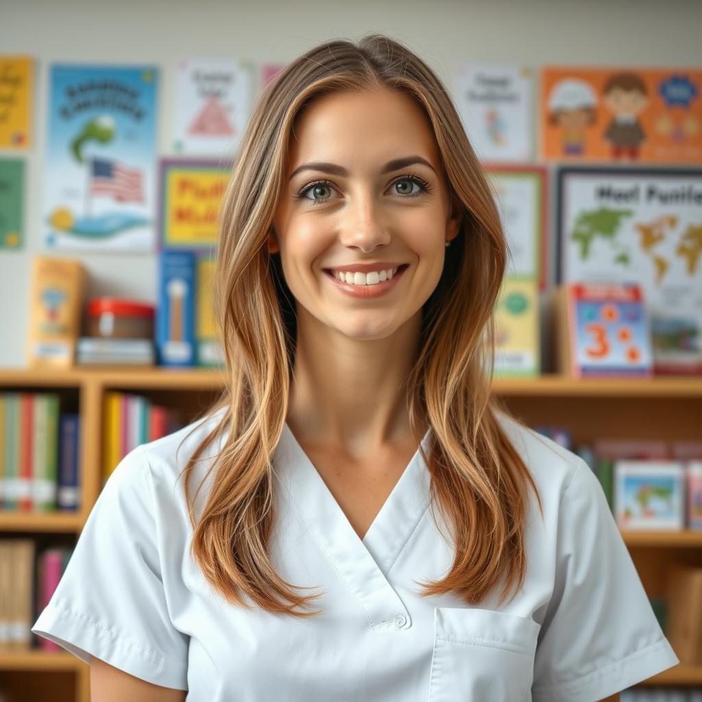 A 36-year-old woman with an average athletic body, standing at a middle height, with light brown hair and big round eyes, wearing white lab scrubs