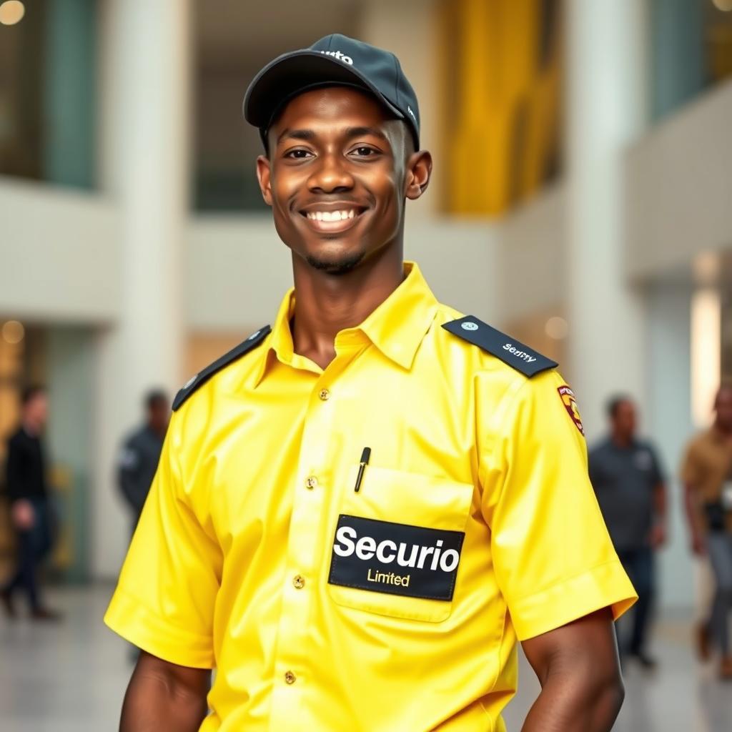 A slim black security officer wearing a bright yellow uniform shirt with the words 'Securipro Limited' prominently displayed on the right pocket