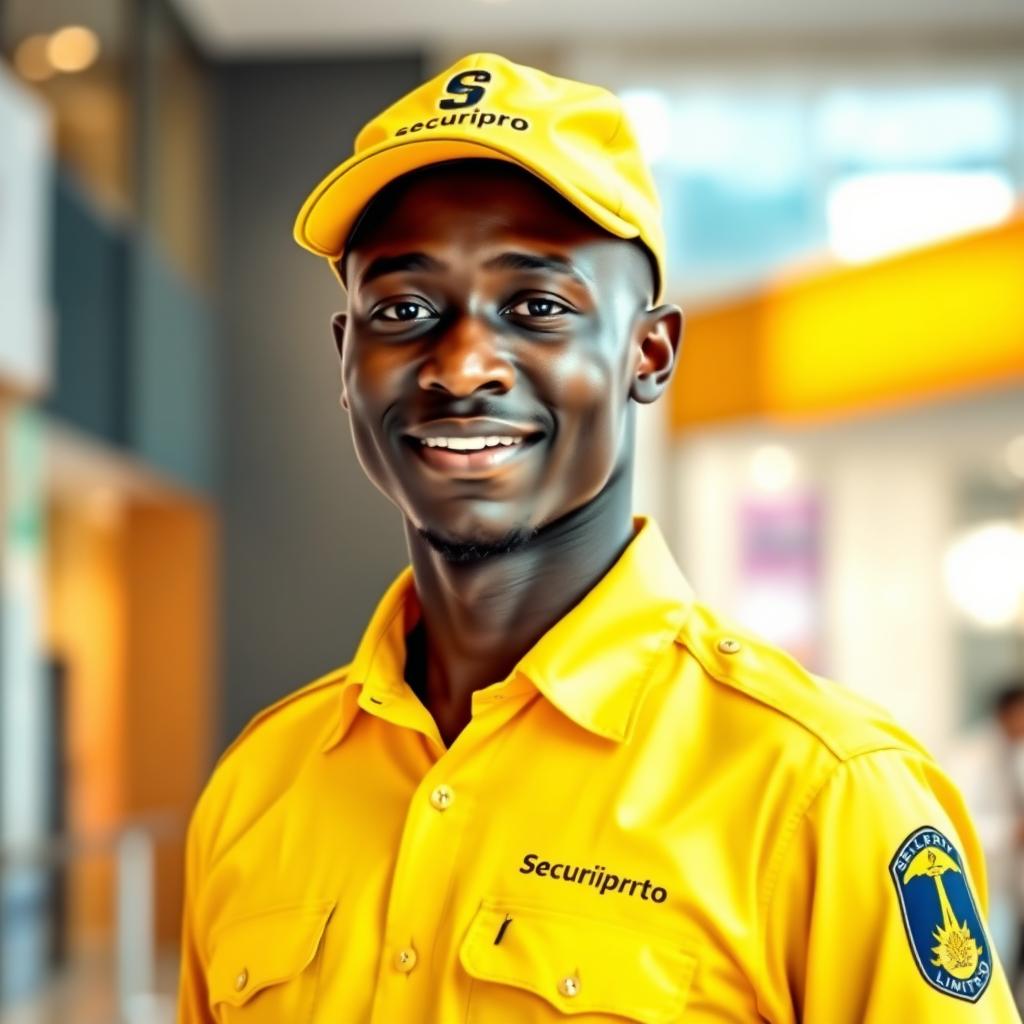 A slim black security officer wearing a bright yellow uniform shirt with the company name 'Securipro Limited' subtly printed above the left pocket, sized perfectly to be neither too big nor too small for a balanced look